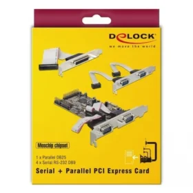 כרטיס PCIe x1 Serial RS-232 Low profile עם 4 יציאות DB9 + יציאת Parallel צ'יפ Moschip שחור DELOCK | 89177