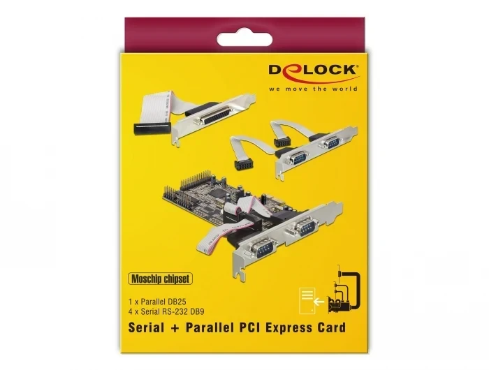 כרטיס PCIe x1 Serial RS-232 Low profile עם 4 יציאות DB9 + יציאת Parallel צ'יפ Moschip שחור DELOCK | 89177
