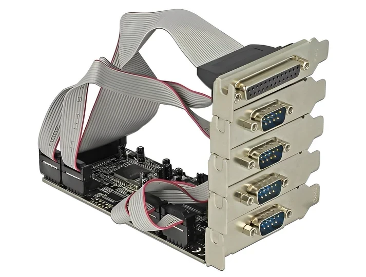 כרטיס PCIe x1 Serial RS-232 Low profile עם 4 יציאות DB9 + יציאת Parallel צ'יפ Moschip שחור DELOCK | 89177
