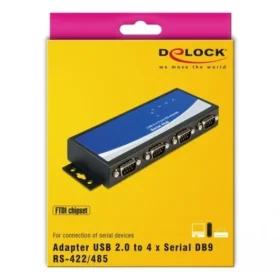 ממיר USB 2.0 עם 4 חיבורים DB9 Serial RS-422485 + הגנת 15kV ESD צ'יפ FTDI בצבע שחור DELOCK 87587