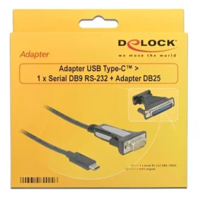ממיר USB-C לחיבור DB9 Serial RS-232 + מתאם DB25 צ'יפ FTDI אורך 1.8 מטר DELOCK | 62904