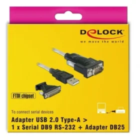 ממיר USB לחיבור DB9 Serial RS-232 + מתאם DB25 צ'יפ FTDI אורך 1.8 מטר DELOCK | 61308