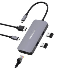 תחנת עגינה USB-C™PRO MULTIPORT HUB RJ45 | 2 x USB-A | USB-C® PD בצבע אפור Verbatim | 32150