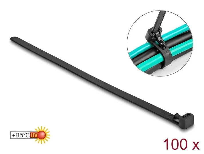 אזיקונים פלסטיק רב פעמיים עמידים בחום ניתנים לפתיחה חוזרת צבע שחור סט 100 יח' DELOCK | 19064