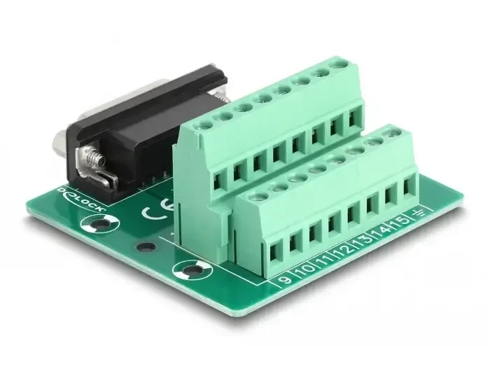 טרמינל בלוק DIN rail בחיבור הברגה לשקע D-Sub 15 pin צבע ירוק DELOCK | 66910