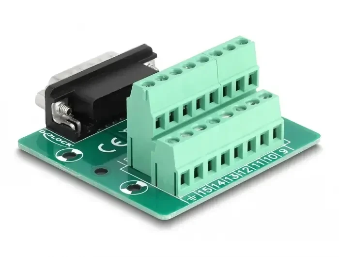 טרמינל בלוק DIN rail בחיבור הברגה לתקע D-Sub 15 pin צבע ירוק DELOCK | 66909