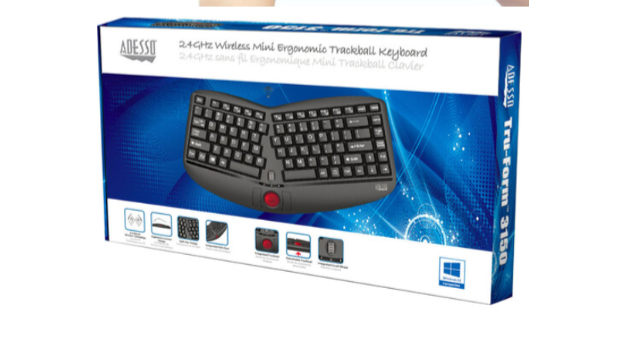 מקלדת אלחוטית ארגונומית מפוצלת עם TRACKBALL Tru-Form Media 3150 בצבע שחור Adesso | WKB-3150UB