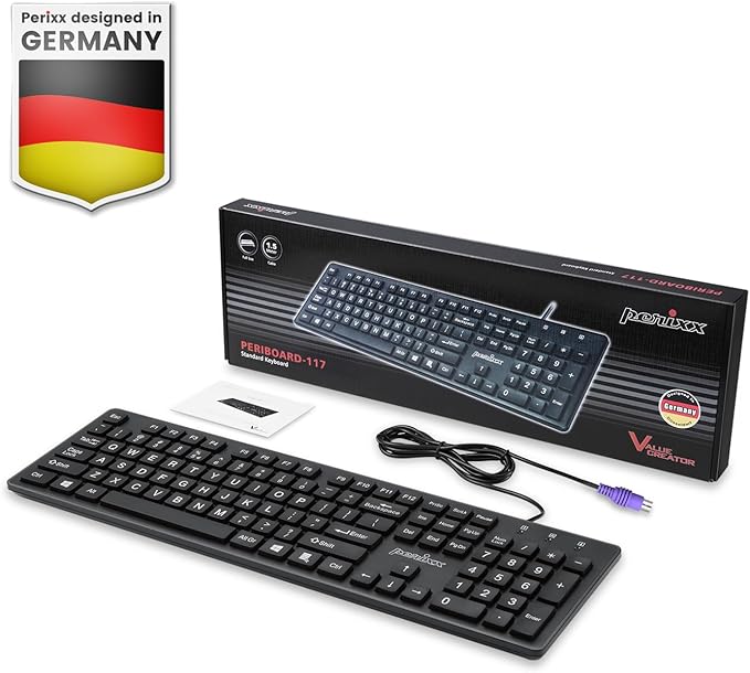 מקלדת חוטית ארגונומית בצבע שחור Perixx | PERIBOARD-117P | Wired PS2 Full Size Keyboard