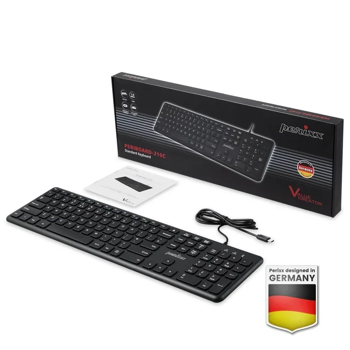 מקלדת חוטית ארגונומית בצבע שחור Perixx | PERIBOARD-210B | Wired Full-Size USB Keyboard with Quiet Keys for Desktop | Laptop | Tablet