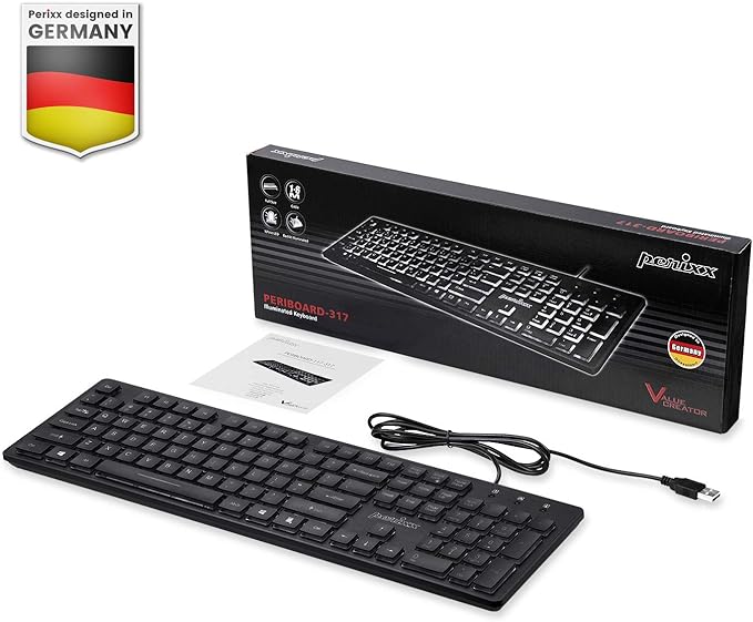 מקלדת חוטית ארגונומית בצבע שחור Perixx | PERIBOARD-317 | Wired Backlit USB Keyboard
