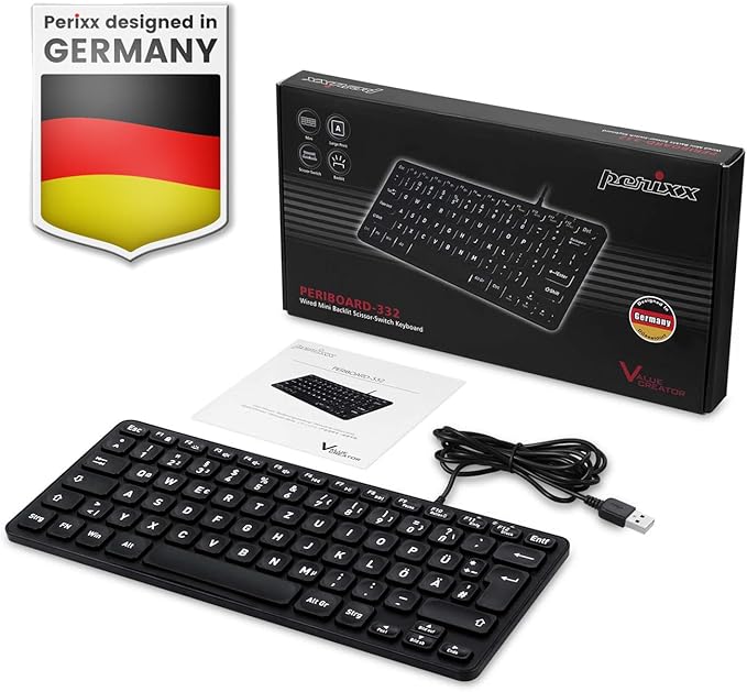 מקלדת חוטית ארגונומית בצבע שחור Perixx | PERIBOARD-332B | Wired Backlit Mini Scissor USB Keyboard