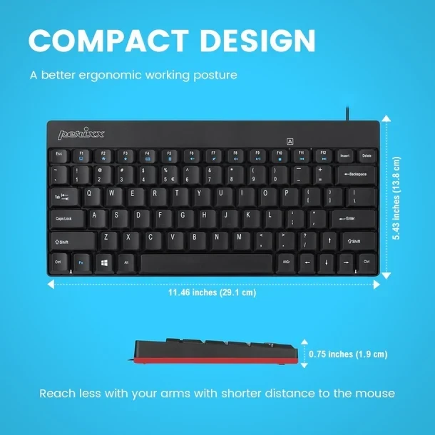 מקלדת חוטית ארגונומית בצבע שחור Perixx | PERIBOARD-422 | Mini-USB-C-Tastatur