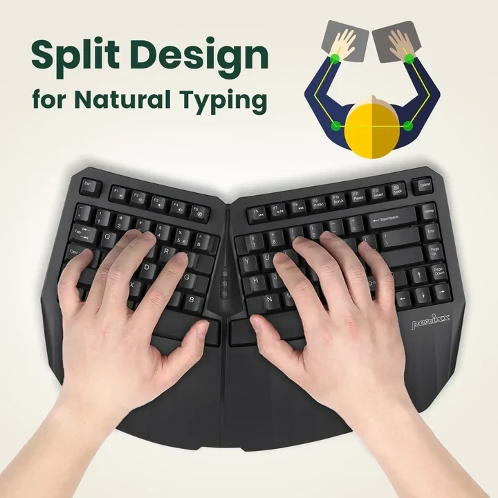 מקלדת חוטית ארגונומית בצבע שחור Perixx | PERIBOARD-613-B | Wireless Dual Mini Ergonomic White US KB