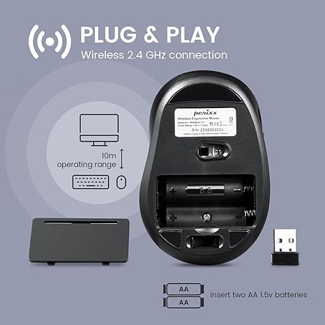 עכבר אלחוטי ארגונומי בצבע שחור Perixx | PERIMICE-721WB | Wireless Ergonomic Mouse - 5 Button Optical Design