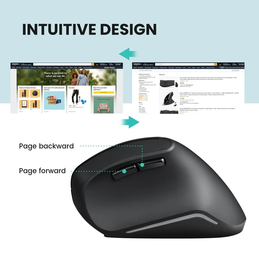 עכבר אלחוטי ארגונומי בצבע שחור Perixx | PERIMICE-804 | Bluetooth Ergonomic Vertical Optical Mouse 800/1200/1600 DPI 6 Buttons Design