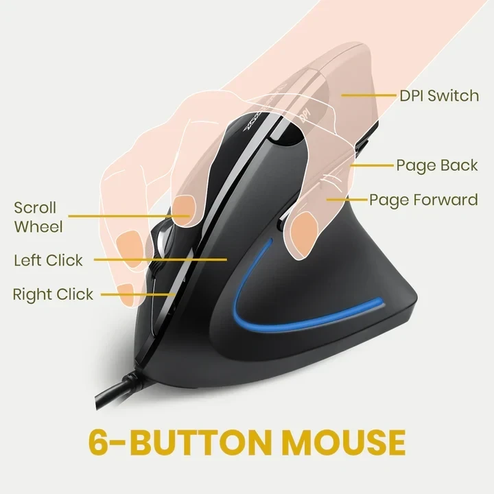 עכבר חוטי ארגונומי בצבע שחור Perixx | PERIMICE-513 | Wired USB Ergonomic Vertical Mouse 1000/1600 DPI 6 Button Design