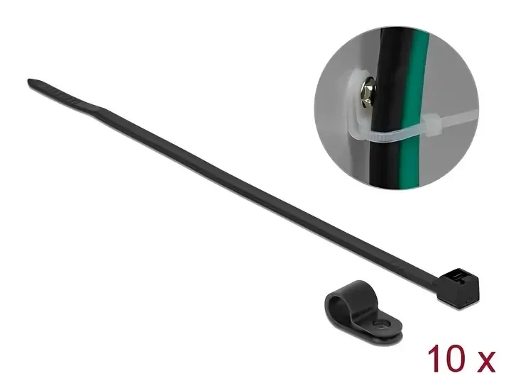 תפסן עם חיבור בורג עמיד בחום 120°C + אזיקון לחיבור כבלים צבע שחור סט 10 יח' DELOCK | 18866