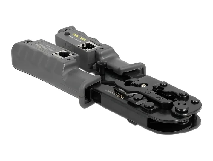 לוחץ כבל רשת או טלפון מקצועי RJ45+RJ10+RJ12/11 משולב עם טסטר לבדיקת כבלי רשת בצבע צהוב DELOCK | 90510
