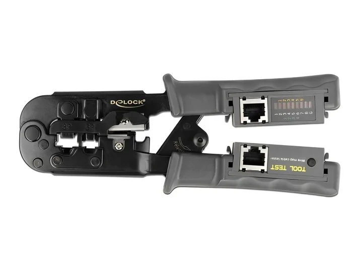 לוחץ כבל רשת או טלפון מקצועי RJ45+RJ10+RJ12/11 משולב עם טסטר לבדיקת כבלי רשת בצבע צהוב DELOCK | 90510