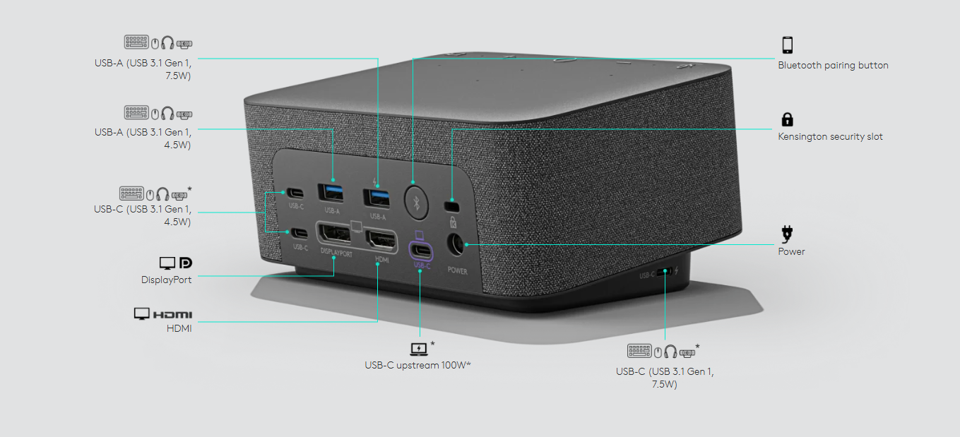 רמקולים למחשב עם תחנת עגינה של חיבורי All-in-one USB-C חיבור בלוטוס Logitech | Logi Dock