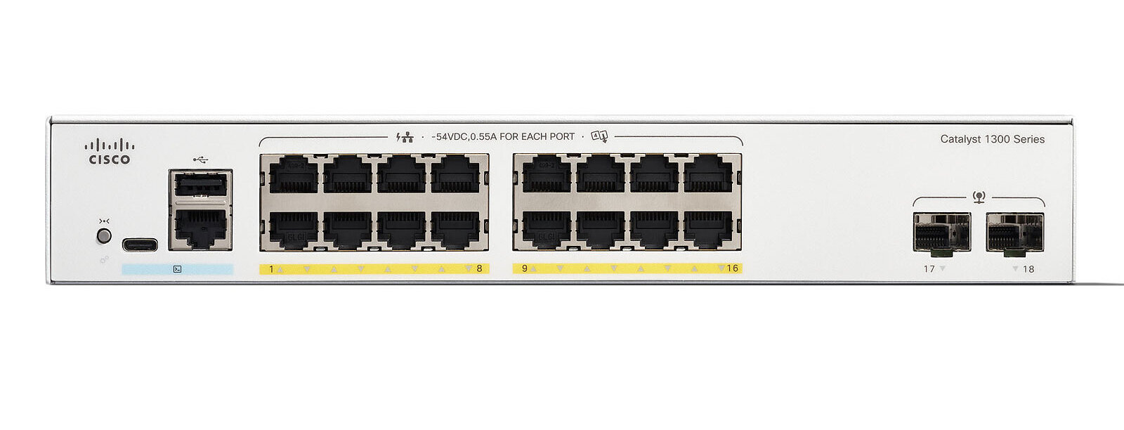 מתג חכם סיסקו 16 יציאות מתג שולחני Cisco | C1300-16T-E-2G | PoE | 16-Port Switch | Catalyst 1300 Series
