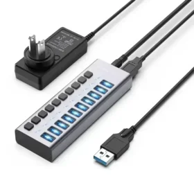 עמדת טעינה מהירה לסלולריםטאבלט 10 חיבורי USB-A 3.1 בצבע אפור Acasis AC-HS710