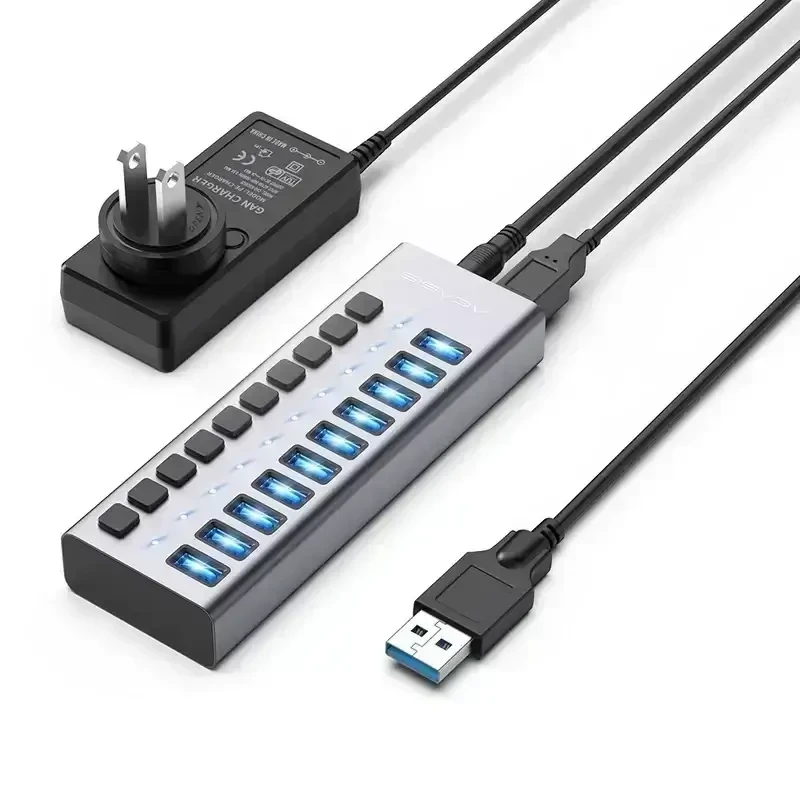 עמדת טעינה מהירה לסלולריםטאבלט 10 חיבורי USB-A 3.1 בצבע אפור Acasis AC-HS710