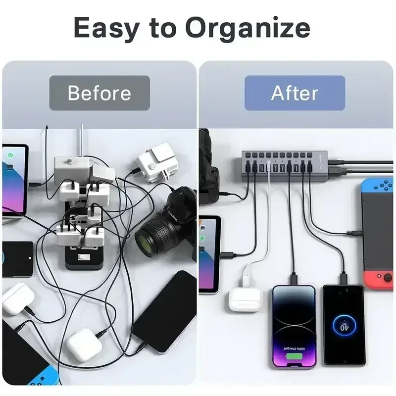 עמדת טעינה מהירה לסלולריםטאבלט 10 חיבורי USB-A 3.1 בצבע אפור Acasis AC-HS710