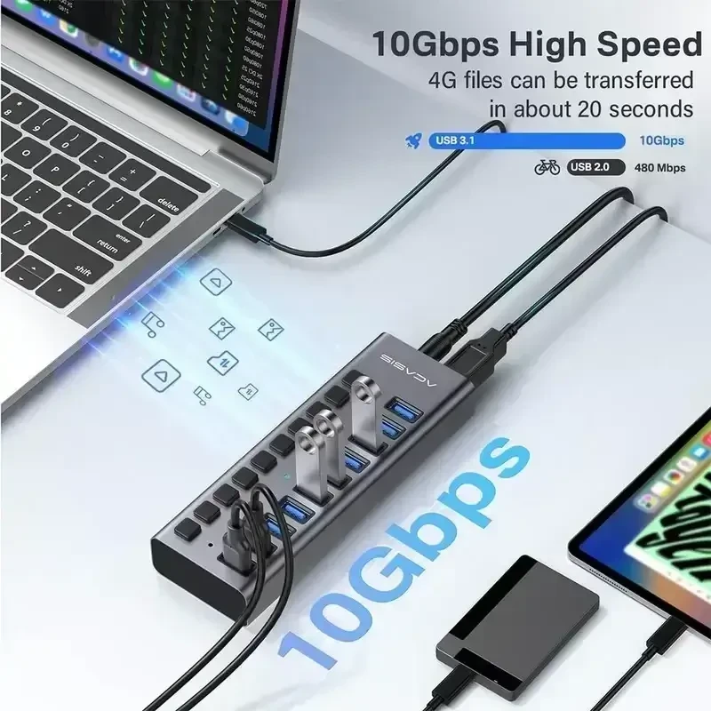 עמדת טעינה מהירה לסלולריםטאבלט 10 חיבורי USB-A 3.1 בצבע אפור Acasis AC-HS710