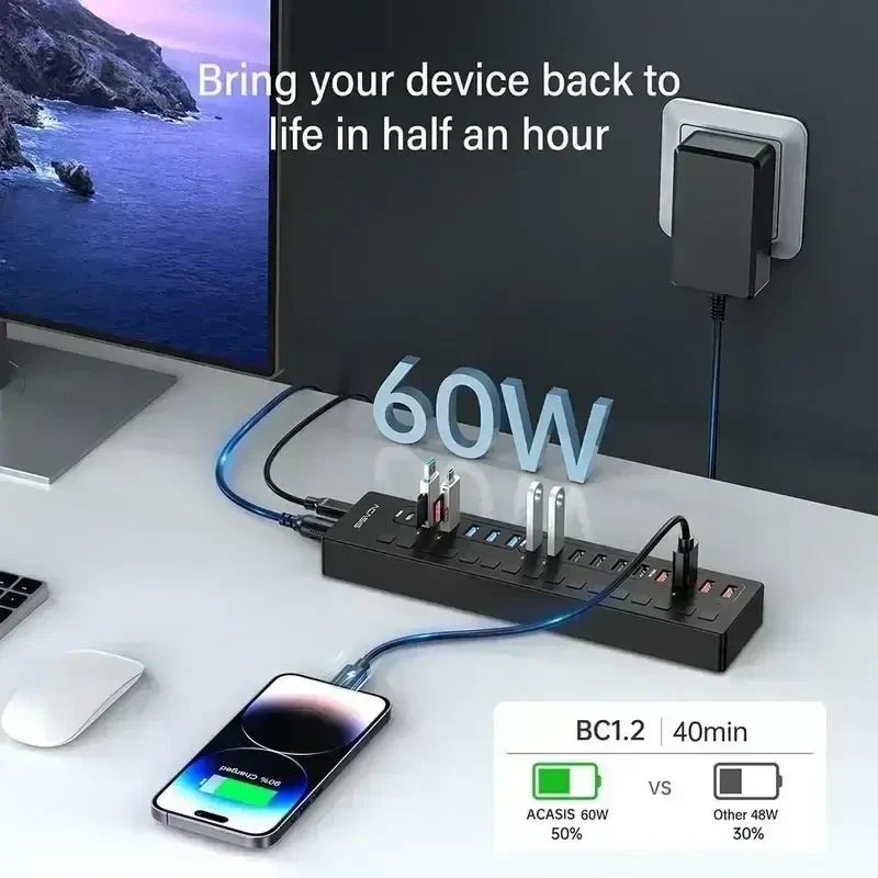 עמדת טעינה מהירה לסלולרים\טאבלט 16 חיבורי Port 14xUSB 2xTypcC בצבע שחור Acasis | DS-516PB