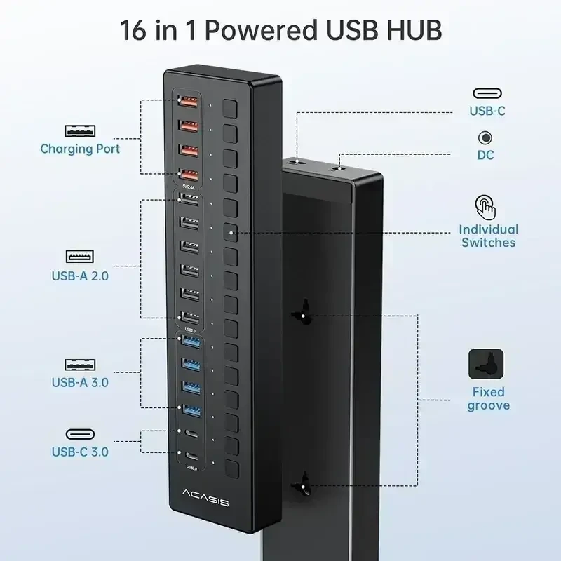 עמדת טעינה מהירה לסלולרים\טאבלט 16 חיבורי Port 14xUSB 2xTypcC בצבע שחור Acasis | DS-516PB