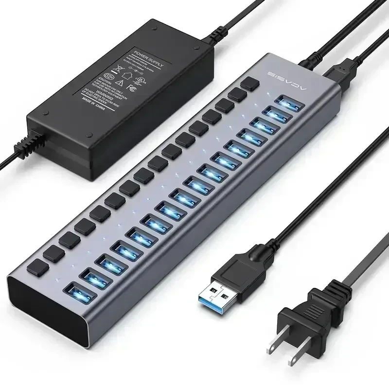 עמדת טעינה מהירה לסלולריםטאבלט 16 חיבורי USB 3.1 בצבע אפור Acasis AC-HS716
