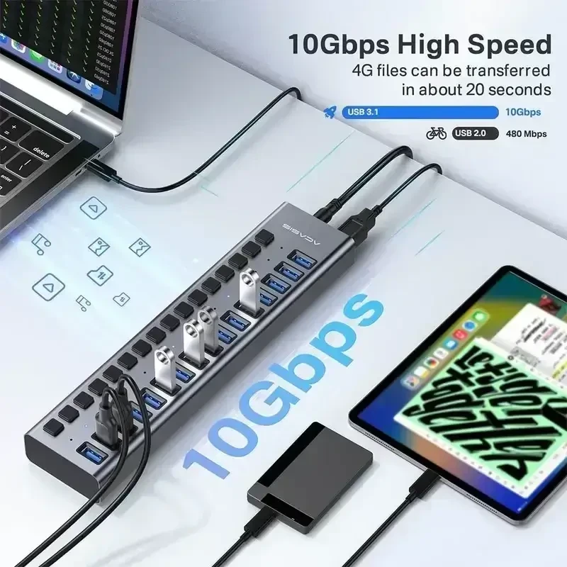 עמדת טעינה מהירה לסלולריםטאבלט 16 חיבורי USB 3.1 בצבע אפור Acasis AC-HS716