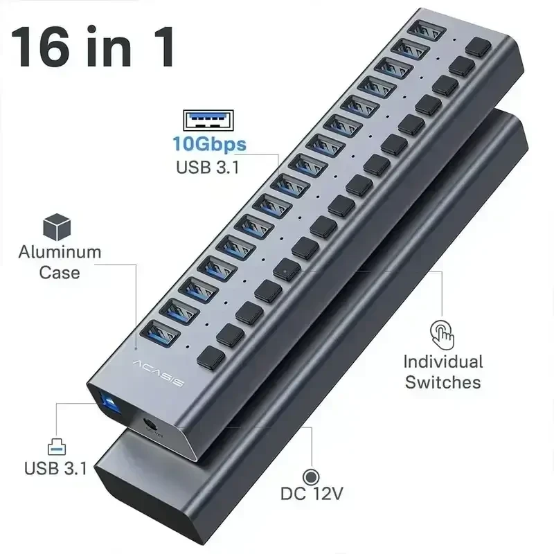 עמדת טעינה מהירה לסלולריםטאבלט 16 חיבורי USB 3.1 בצבע אפור Acasis AC-HS716