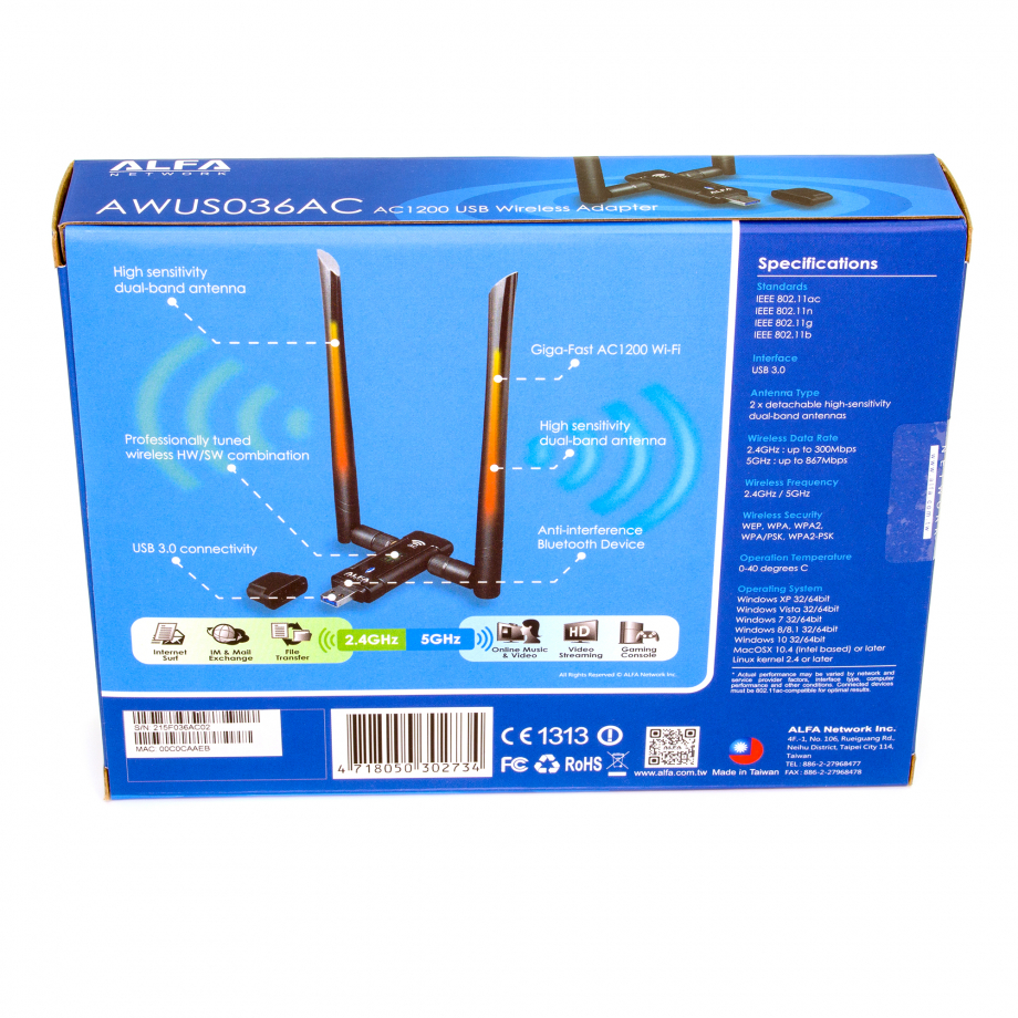 Alfa AWUS036AC USB WiFi Adapter –Dual-Band AC1200 High Power – תמונה 7