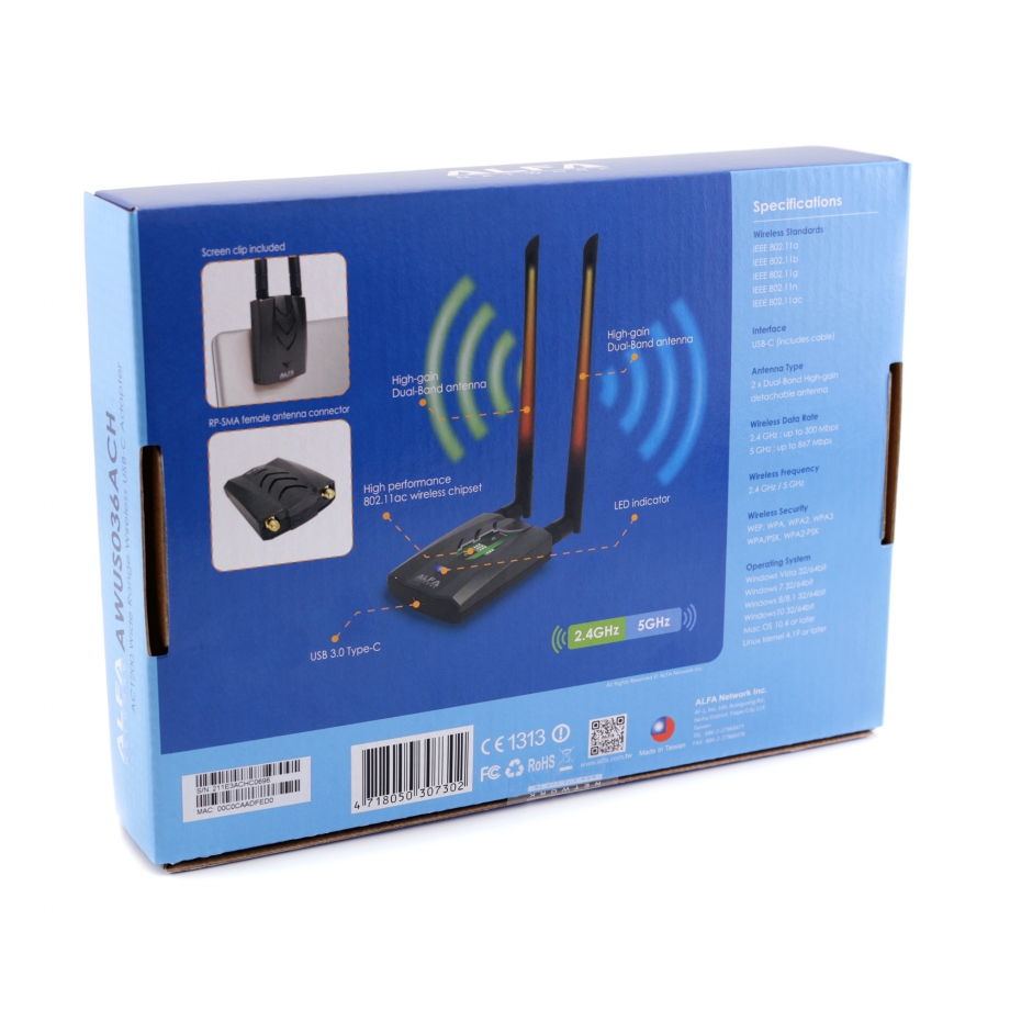 Alfa AWUS036ACH-C USB WiFi Adapter –Dual-Band AC1200 High Power – תמונה 7