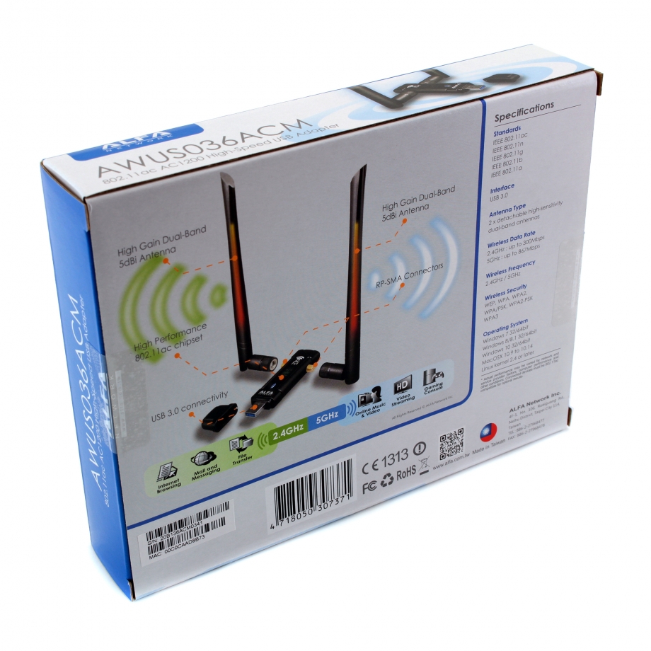 Alfa AWUS036ACM USB WiFi Adapter –Dual-Band AC1200 High Power – תמונה 5
