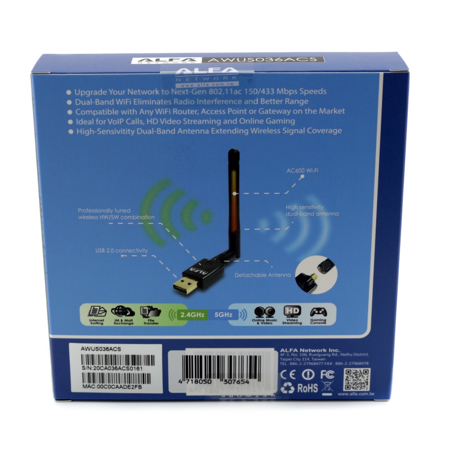 Alfa AWUS036ACS USB WiFi Adapter –Dual-Band AC600 with External Antenna – תמונה 3