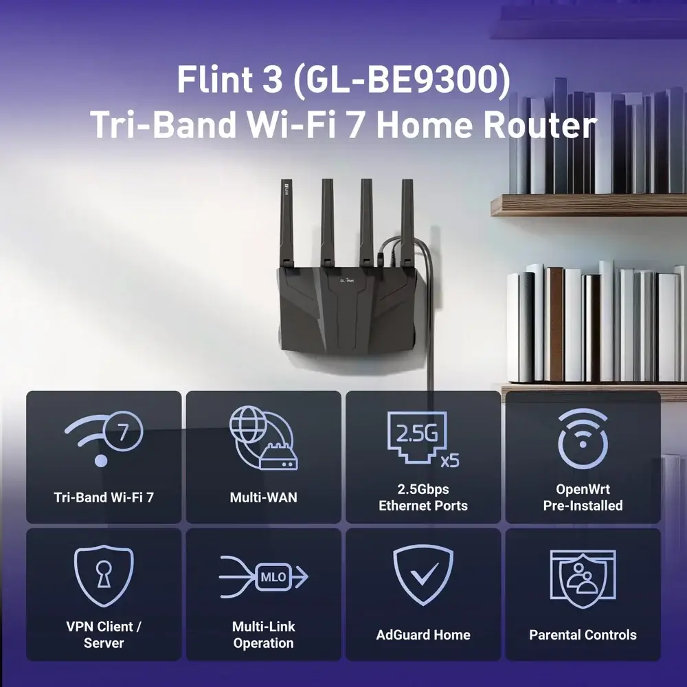 GL.iNet Flint 3 GL-BE9300 – נתב Tri-Band Wi-Fi 7 9300Mbps – תמונה 9